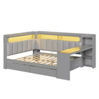 Cama de día Whisen tamaño completo con estantes de almacenamiento, cajones, estación de carga, luz LED, escritorio, cabecera y respaldo tapizados