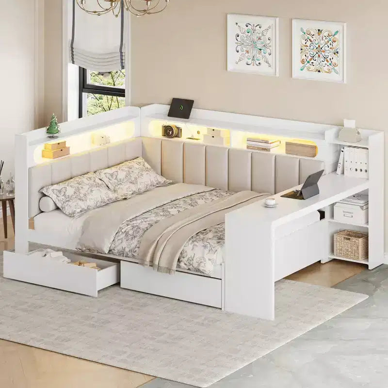 Cama de día Whisen tamaño completo con estantes de almacenamiento, cajones, estación de carga, luz LED, escritorio, cabecera y respaldo tapizados