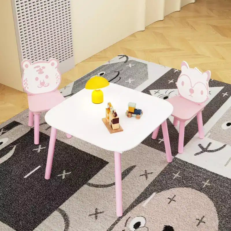 Juego de mesa y sillas para niños, escritorio infantil de madera de 3 piezas con respaldo de animales, mesa de actividades para dibujar, aprender, sala de juegos o guardería (rosa y blanco)