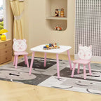 Juego de mesa y sillas para niños, escritorio infantil de madera de 3 piezas con respaldo de animales, mesa de actividades para dibujar, aprender, sala de juegos o guardería (rosa y blanco)