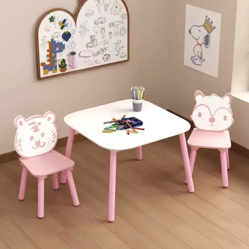 Juego de mesa y sillas para niños, escritorio infantil de madera de 3 piezas con respaldo de animales, mesa de actividades para dibujar, aprender, sala de juegos o guardería (rosa y blanco)
