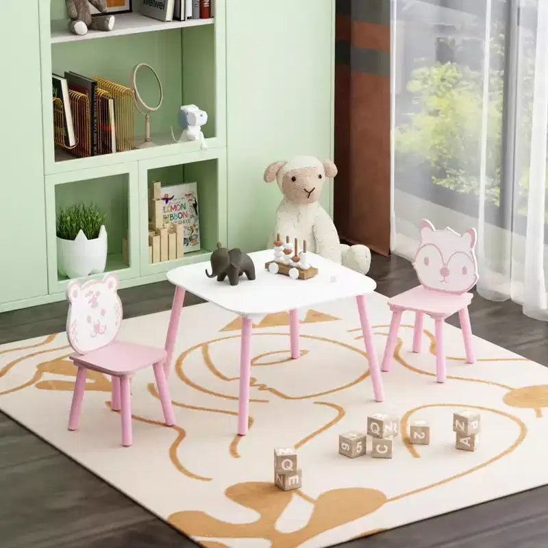 Juego de mesa y sillas para niños, escritorio infantil de madera de 3 piezas con respaldo de animales, mesa de actividades para dibujar, aprender, sala de juegos o guardería (rosa y blanco)