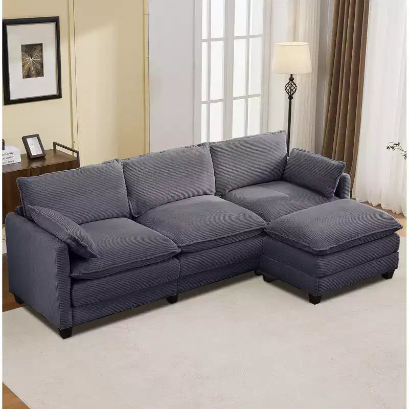 Sofá Seccional en Forma de L Hyleory Corduroy, Sofá de 3 Plazas con Otomana Movible, Muebles Modulares para Sala de Estar para Apartamentos