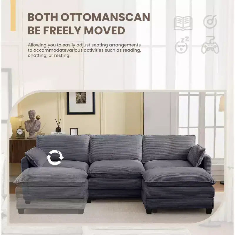 Sofá Seccional en Forma de L Hyleory Corduroy, Sofá de 3 Plazas con Otomana Movible, Muebles Modulares para Sala de Estar para Apartamentos