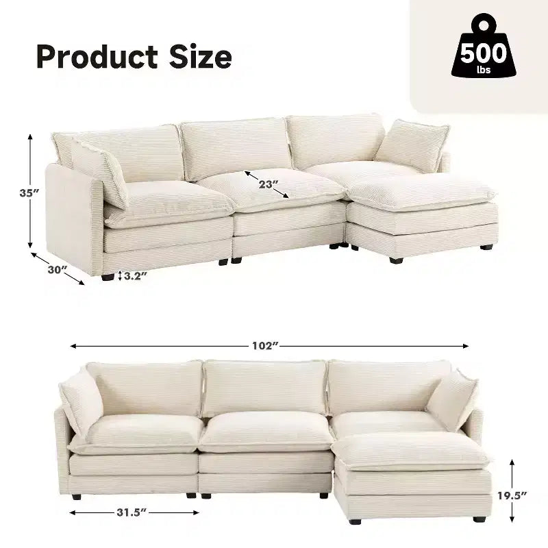 Sofá Seccional en Forma de L Hyleory Corduroy, Sofá de 3 Plazas con Otomana Movible, Muebles Modulares para Sala de Estar para Apartamentos