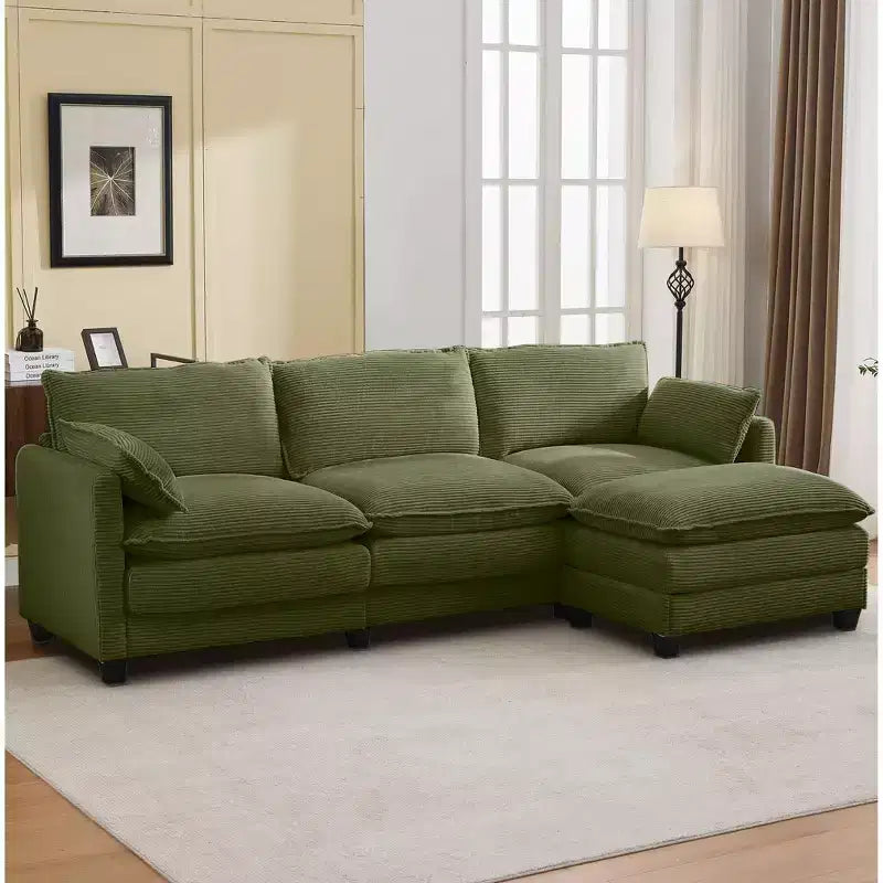 Sofá Seccional en Forma de L Hyleory Corduroy, Sofá de 3 Plazas con Otomana Movible, Muebles Modulares para Sala de Estar para Apartamentos