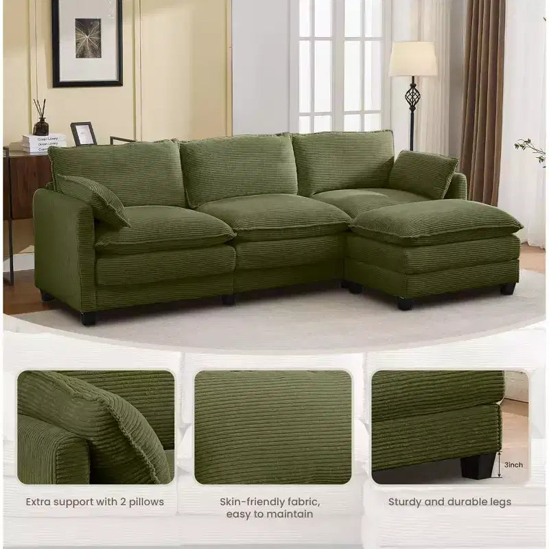 Sofá Seccional en Forma de L Hyleory Corduroy, Sofá de 3 Plazas con Otomana Movible, Muebles Modulares para Sala de Estar para Apartamentos