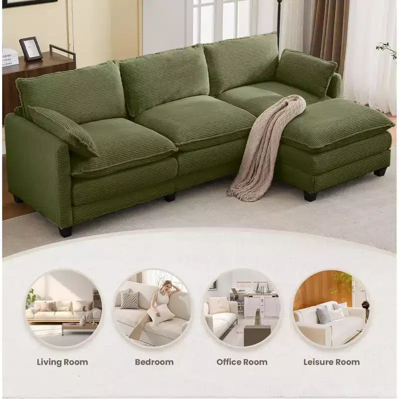 Sofá Seccional en Forma de L Hyleory Corduroy, Sofá de 3 Plazas con Otomana Movible, Muebles Modulares para Sala de Estar para Apartamentos