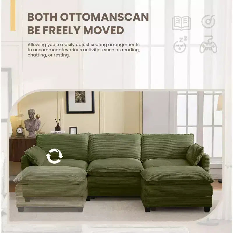 Sofá Seccional en Forma de L Hyleory Corduroy, Sofá de 3 Plazas con Otomana Movible, Muebles Modulares para Sala de Estar para Apartamentos