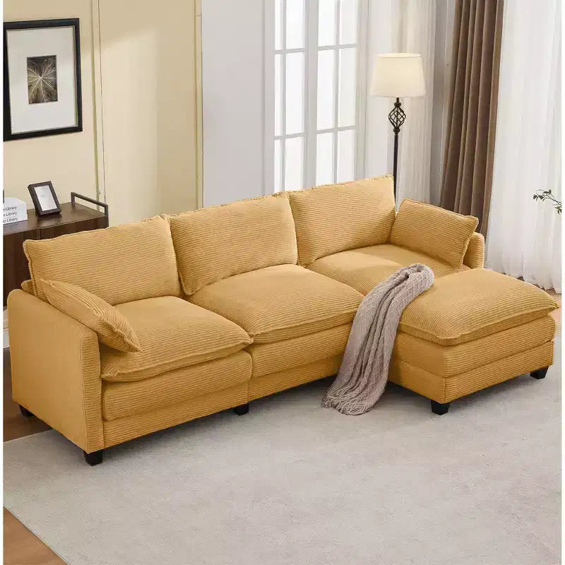 Sofá Seccional en Forma de L Hyleory Corduroy, Sofá de 3 Plazas con Otomana Movible, Muebles Modulares para Sala de Estar para Apartamentos