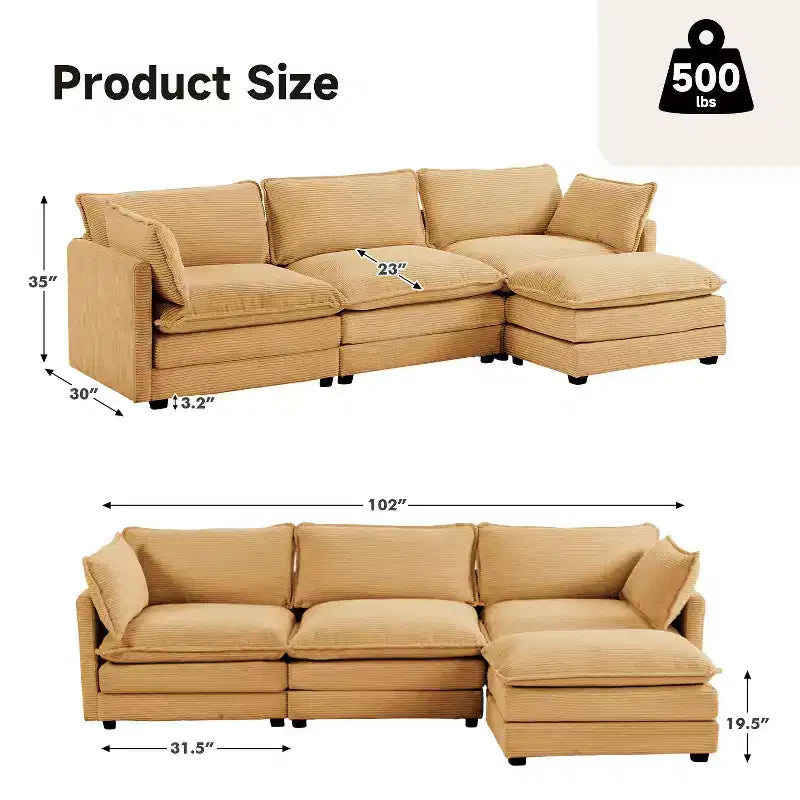 Sofá Seccional en Forma de L Hyleory Corduroy, Sofá de 3 Plazas con Otomana Movible, Muebles Modulares para Sala de Estar para Apartamentos