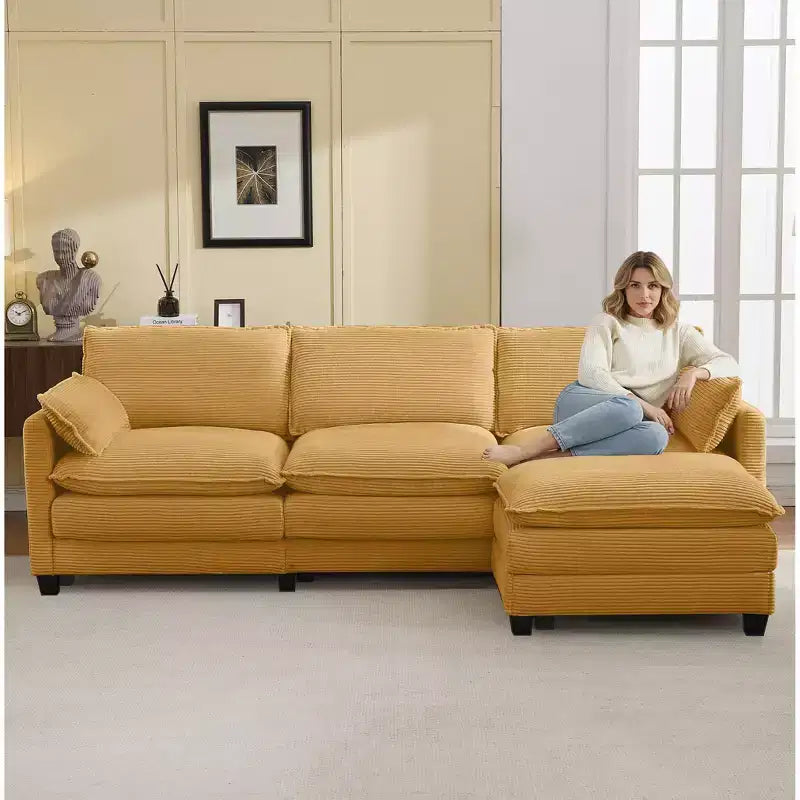 Sofá Seccional en Forma de L Hyleory Corduroy, Sofá de 3 Plazas con Otomana Movible, Muebles Modulares para Sala de Estar para Apartamentos