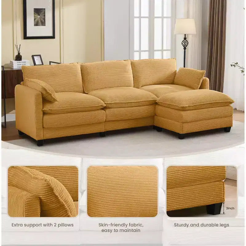 Sofá Seccional en Forma de L Hyleory Corduroy, Sofá de 3 Plazas con Otomana Movible, Muebles Modulares para Sala de Estar para Apartamentos