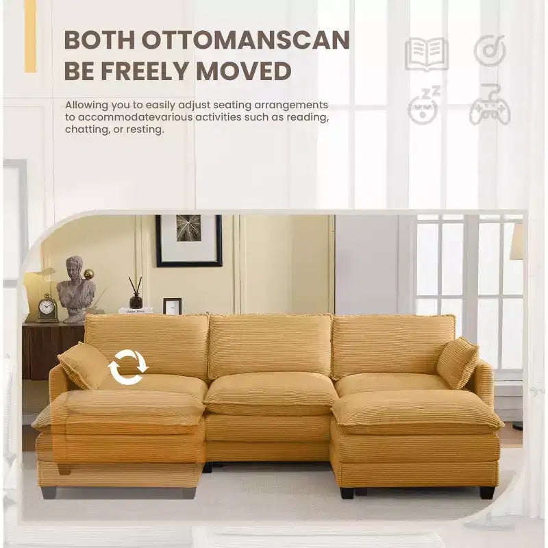 Sofá Seccional en Forma de L Hyleory Corduroy, Sofá de 3 Plazas con Otomana Movible, Muebles Modulares para Sala de Estar para Apartamentos