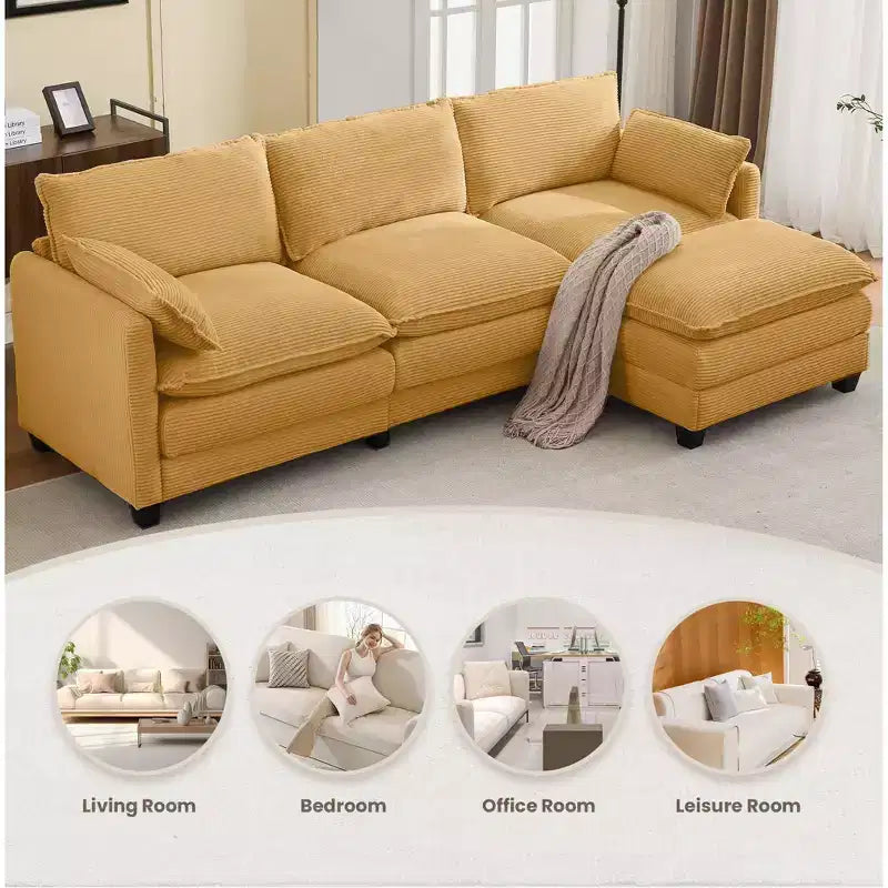 Sofá Seccional en Forma de L Hyleory Corduroy, Sofá de 3 Plazas con Otomana Movible, Muebles Modulares para Sala de Estar para Apartamentos