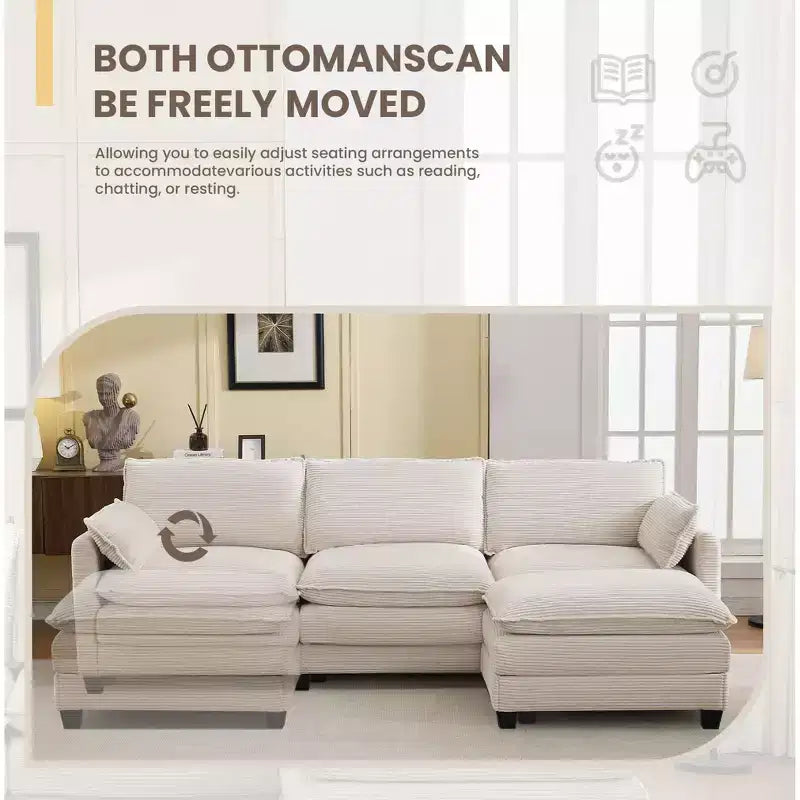 Sofá Seccional en Forma de L Hyleory Corduroy, Sofá de 3 Plazas con Otomana Movible, Muebles Modulares para Sala de Estar para Apartamentos