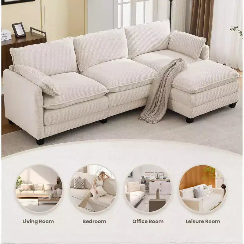 Sofá Seccional en Forma de L Hyleory Corduroy, Sofá de 3 Plazas con Otomana Movible, Muebles Modulares para Sala de Estar para Apartamentos