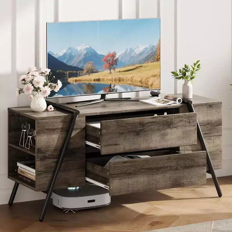 Mueble de TV de hasta 65 pulgadas, centro de entretenimiento moderno con 2 cajones de almacenamiento y estantes abiertos laterales, mesa consola de TV, para sala de estar, dormitorio