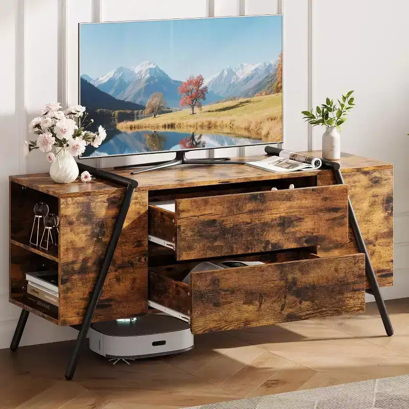 Mueble de TV de hasta 65 pulgadas, centro de entretenimiento moderno con 2 cajones de almacenamiento y estantes abiertos laterales, mesa consola de TV, para sala de estar, dormitorio