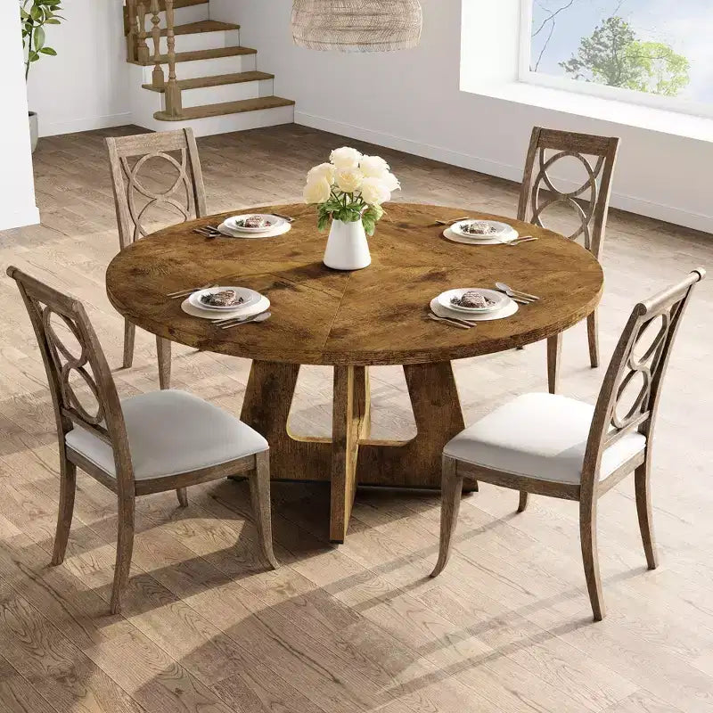 Mesa de Comedor Redonda de Granja para 4-6  Cubierta y Patas de Madera, Perfecta para Comedor o Sala de Estar