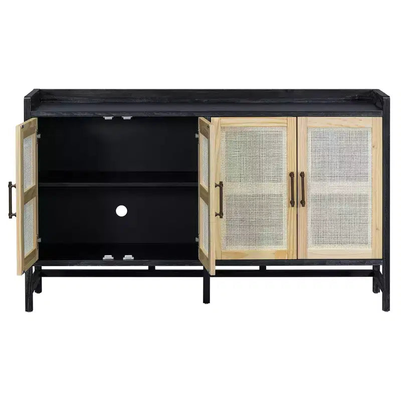 Aparador Hostack con puertas decorativas de ratán, mueble de almacenamiento para comedor y sala de estar, negro+natural