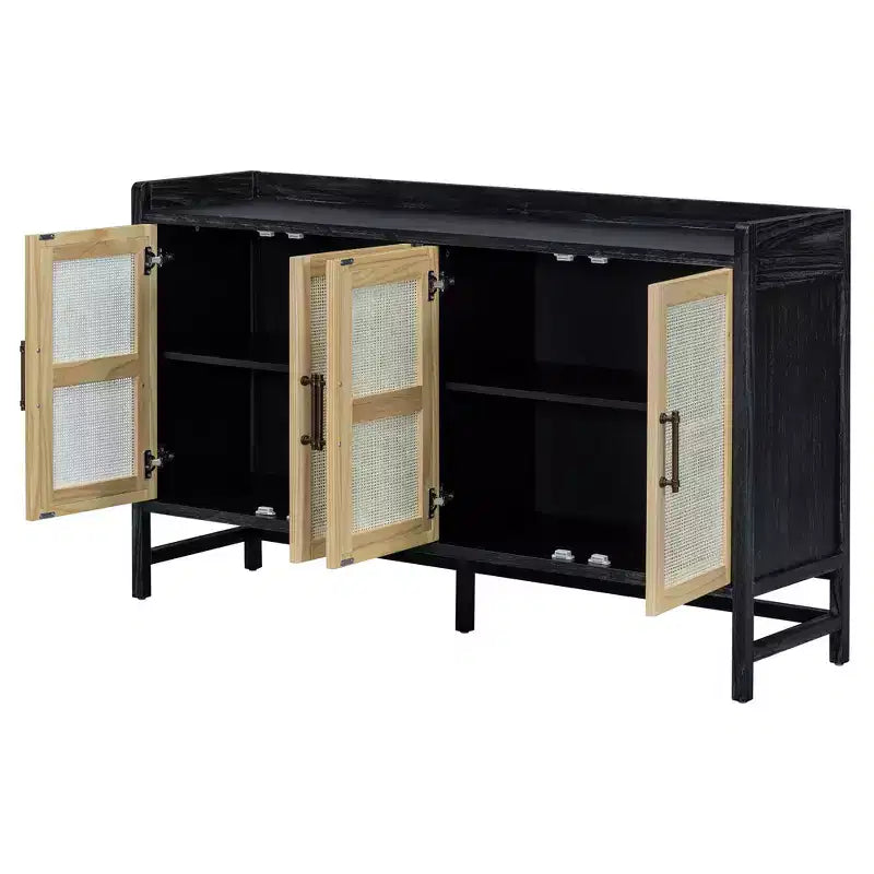 Aparador Hostack con puertas decorativas de ratán, mueble de almacenamiento para comedor y sala de estar, negro+natural