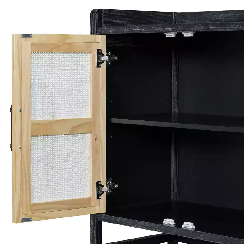 Aparador Hostack con puertas decorativas de ratán, mueble de almacenamiento para comedor y sala de estar, negro+natural