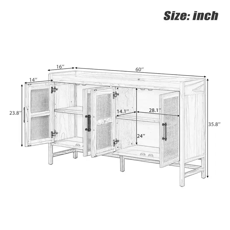 Aparador Hostack con puertas decorativas de ratán, mueble de almacenamiento para comedor y sala de estar, negro+natural