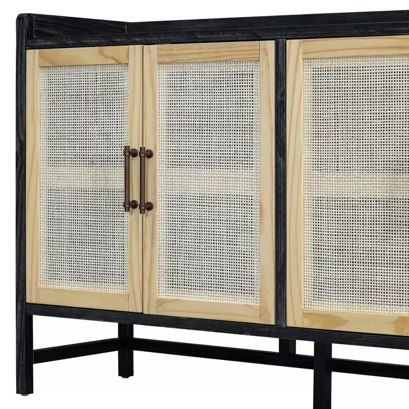 Aparador Hostack con puertas decorativas de ratán, mueble de almacenamiento para comedor y sala de estar, negro+natural