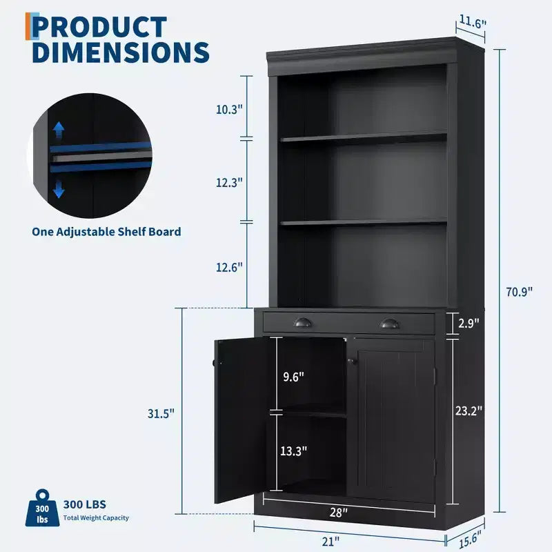 Estantería de 70 5 niveles, con puertas y cajón, aparador de despensa moderno con estante ajustable, armario de almacenamiento de madera para sala de estar, oficina en casa, negro