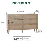Cómoda de 6 cajones Farmhouse Natural Ratta con tiradores de metal dorado y 5 patas fuertes para salón