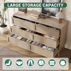 Cómoda de 6 cajones Farmhouse Natural Ratta con tiradores de metal dorado y 5 patas fuertes para salón
