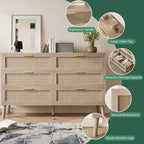 Cómoda de 6 cajones Farmhouse Natural Ratta con tiradores de metal dorado y 5 patas fuertes para salón