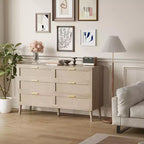 Cómoda de 6 cajones Farmhouse Natural Ratta con tiradores de metal dorado y 5 patas fuertes para salón