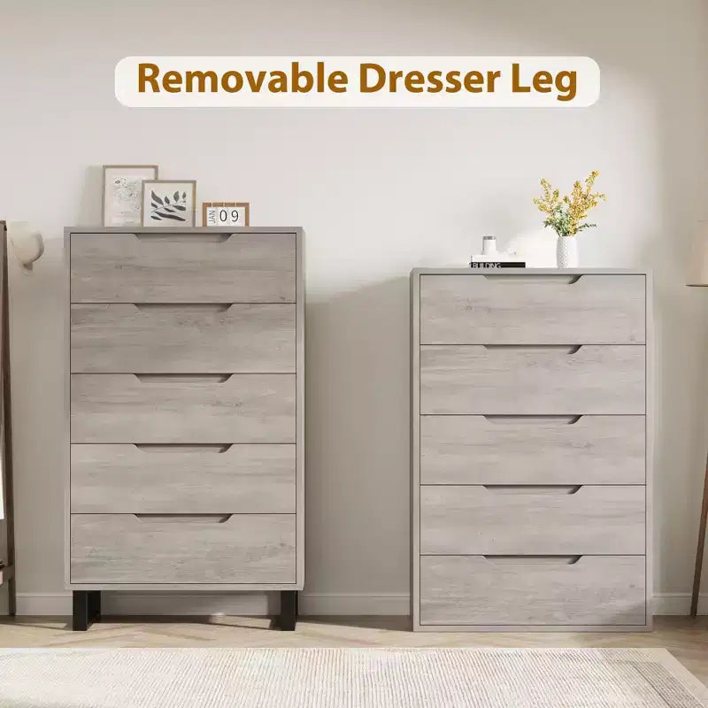 COZONY Cómoda de 5 cajones para dormitorio, armario vertical alto de madera de 50, mueble de almacenamiento independiente para sala de estar, pasillo, entrada