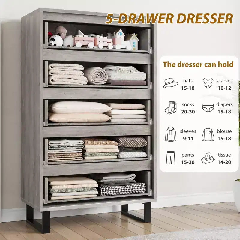 COZONY Cómoda de 5 cajones para dormitorio, armario vertical alto de madera de 50, mueble de almacenamiento independiente para sala de estar, pasillo, entrada