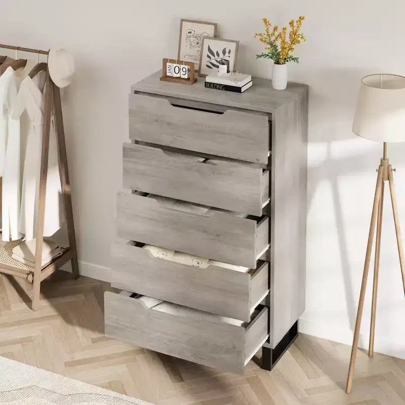 COZONY Cómoda de 5 cajones para dormitorio, armario vertical alto de madera de 50, mueble de almacenamiento independiente para sala de estar, pasillo, entrada