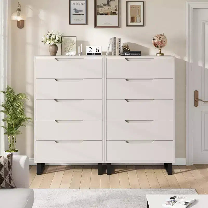 COZONY Cómoda de 5 cajones para dormitorio, armario vertical alto de madera de 50, mueble de almacenamiento independiente para sala de estar, pasillo, entrada