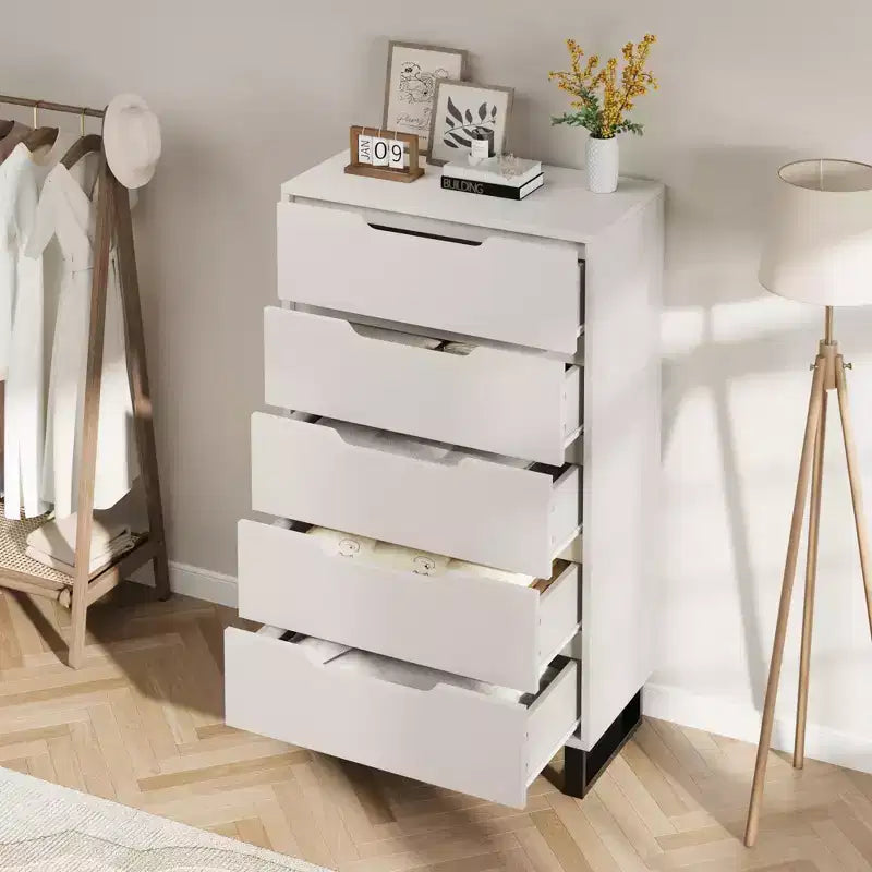 COZONY Cómoda de 5 cajones para dormitorio, armario vertical alto de madera de 50, mueble de almacenamiento independiente para sala de estar, pasillo, entrada