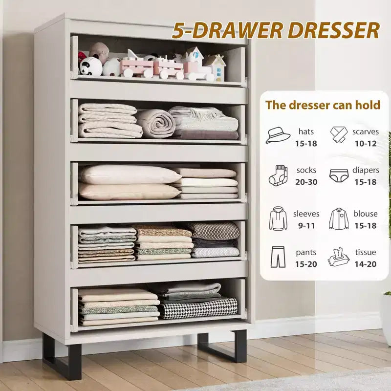 COZONY Cómoda de 5 cajones para dormitorio, armario vertical alto de madera de 50, mueble de almacenamiento independiente para sala de estar, pasillo, entrada