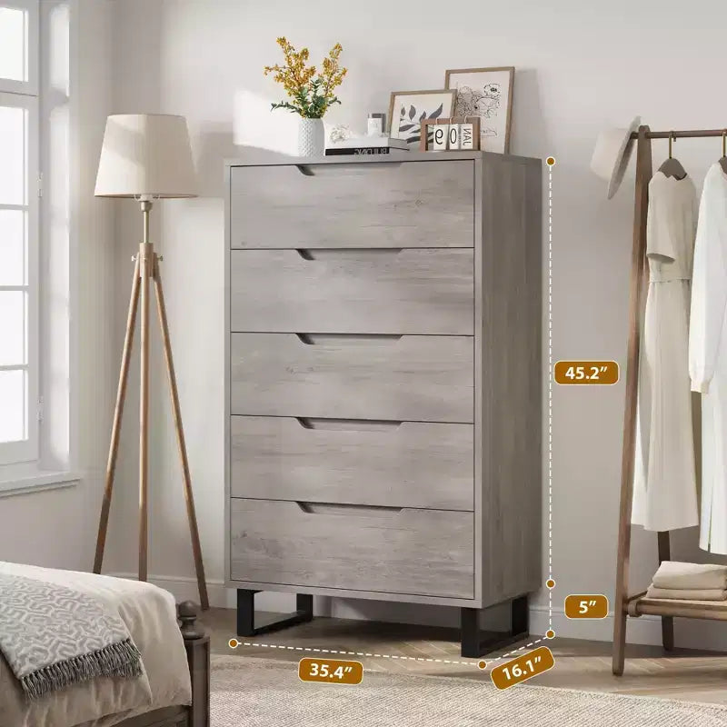 COZONY Cómoda de 5 cajones para dormitorio, armario vertical alto de madera de 50, mueble de almacenamiento independiente para sala de estar, pasillo, entrada