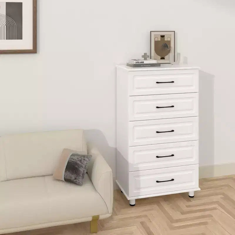 Sandinrayli Cómoda de 5 cajones, cómoda alta blanca para dormitorio, armario de madera con asas de acero, blanco