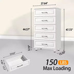 Sandinrayli Cómoda de 5 cajones, cómoda alta blanca para dormitorio, armario de madera con asas de acero, blanco