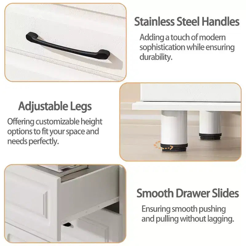 Sandinrayli Cómoda de 5 cajones, cómoda alta blanca para dormitorio, armario de madera con asas de acero, blanco