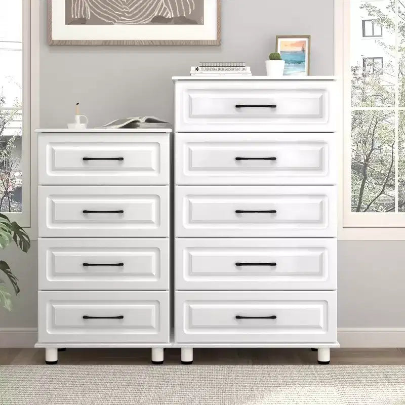 Sandinrayli Cómoda de 5 cajones, cómoda alta blanca para dormitorio, armario de madera con asas de acero, blanco