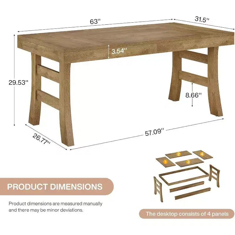 Lantine 63Mesa de comedor para 4-6 personas, mesa de cocina rectangular grande con patas resistentes para cocina, comedor, marrón claro