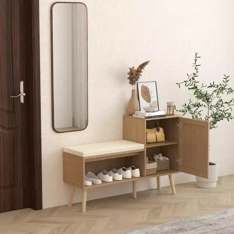 GDFStudio Tracey Banco zapatero 2 en 1 con puertas de ratán sintético y asiento acolchado