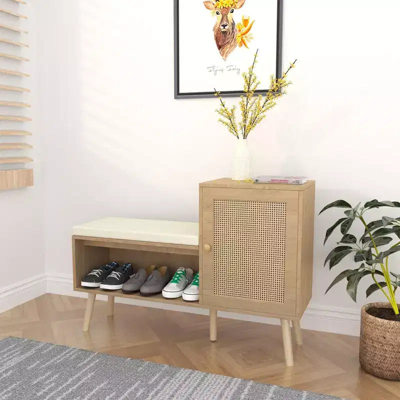 GDFStudio Tracey Banco zapatero 2 en 1 con puertas de ratán sintético y asiento acolchado