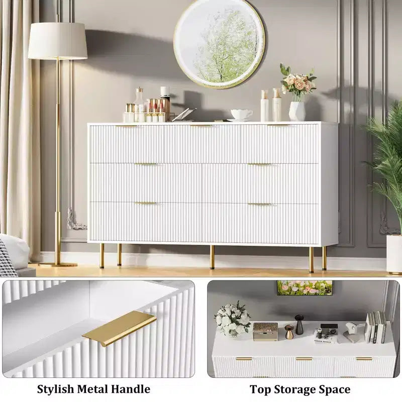 Cómoda de 7 cajones para dormitorio, cómoda de madera de 47 pulgadas de ancho con tiradores de metal, cómoda acanalada con almacenamiento, mueble de TV para sala de estar