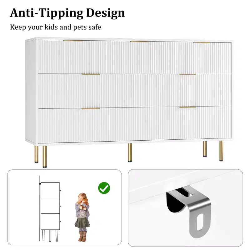 Cómoda de 7 cajones para dormitorio, cómoda de madera de 47 pulgadas de ancho con tiradores de metal, cómoda acanalada con almacenamiento, mueble de TV para sala de estar